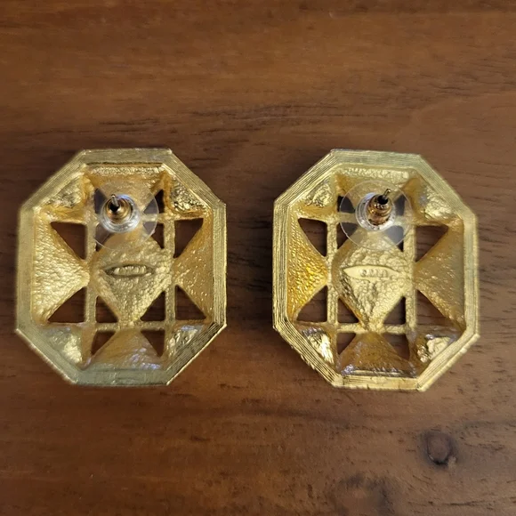 Vintage Avon Octagonal Gold Metal Enamel Statement Earrings 1990s - Picture 4 of 6